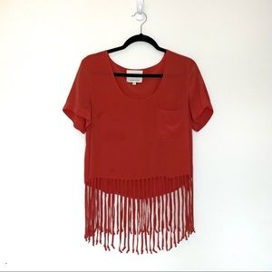 Vintage Madison Marcus Silk Short Sleeve Cropped Tee Blouse w/ Fringe Hem